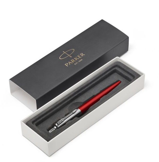 Parker Jotter Core Penna a Sfera Kensington Red - Acciaio Inossidabile, Tratto M, Inchiostro Blu, Confezione Regalo