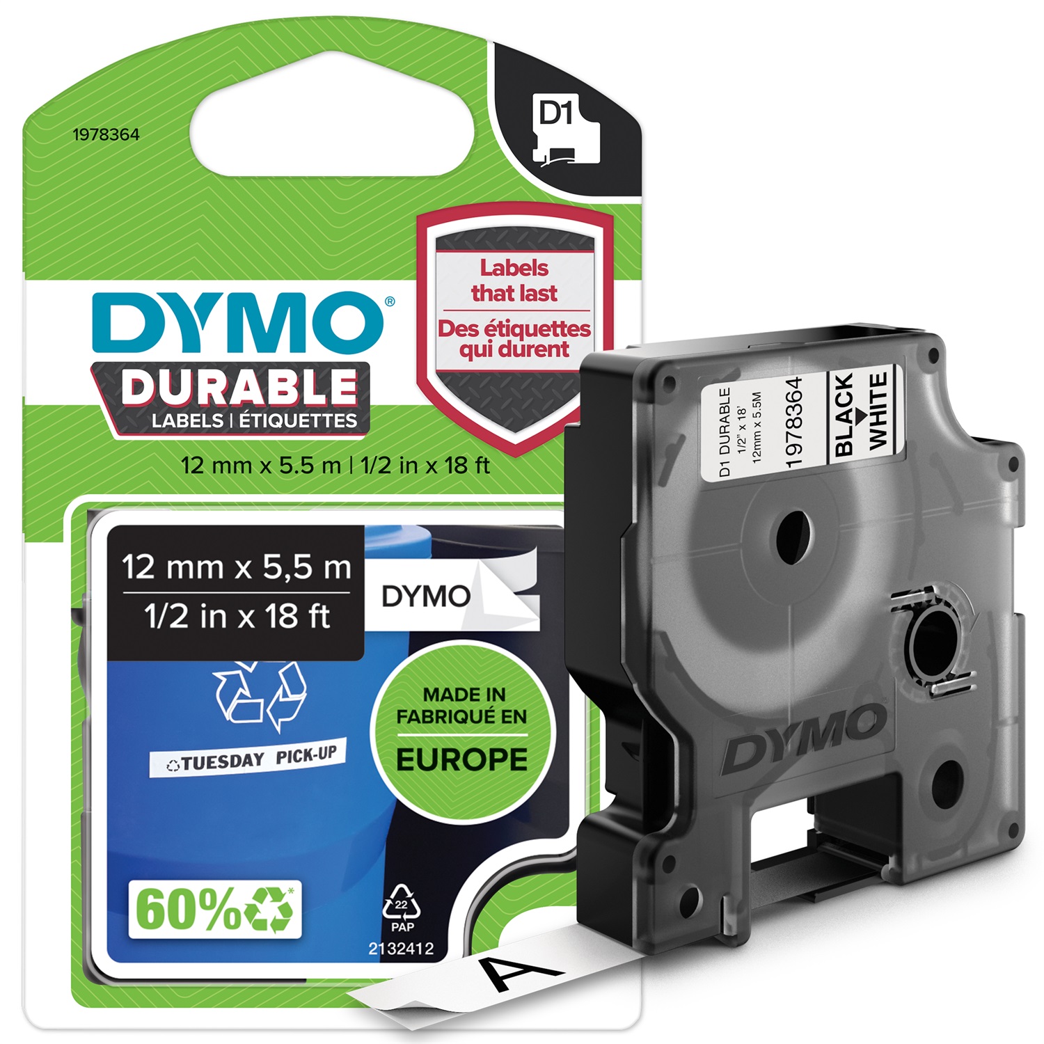 DYMO D1 Durable Etichette - Vinile Nero su Bianco - 12mm x 5.5m - Resistente a Temperature Estreme e Raggi UV