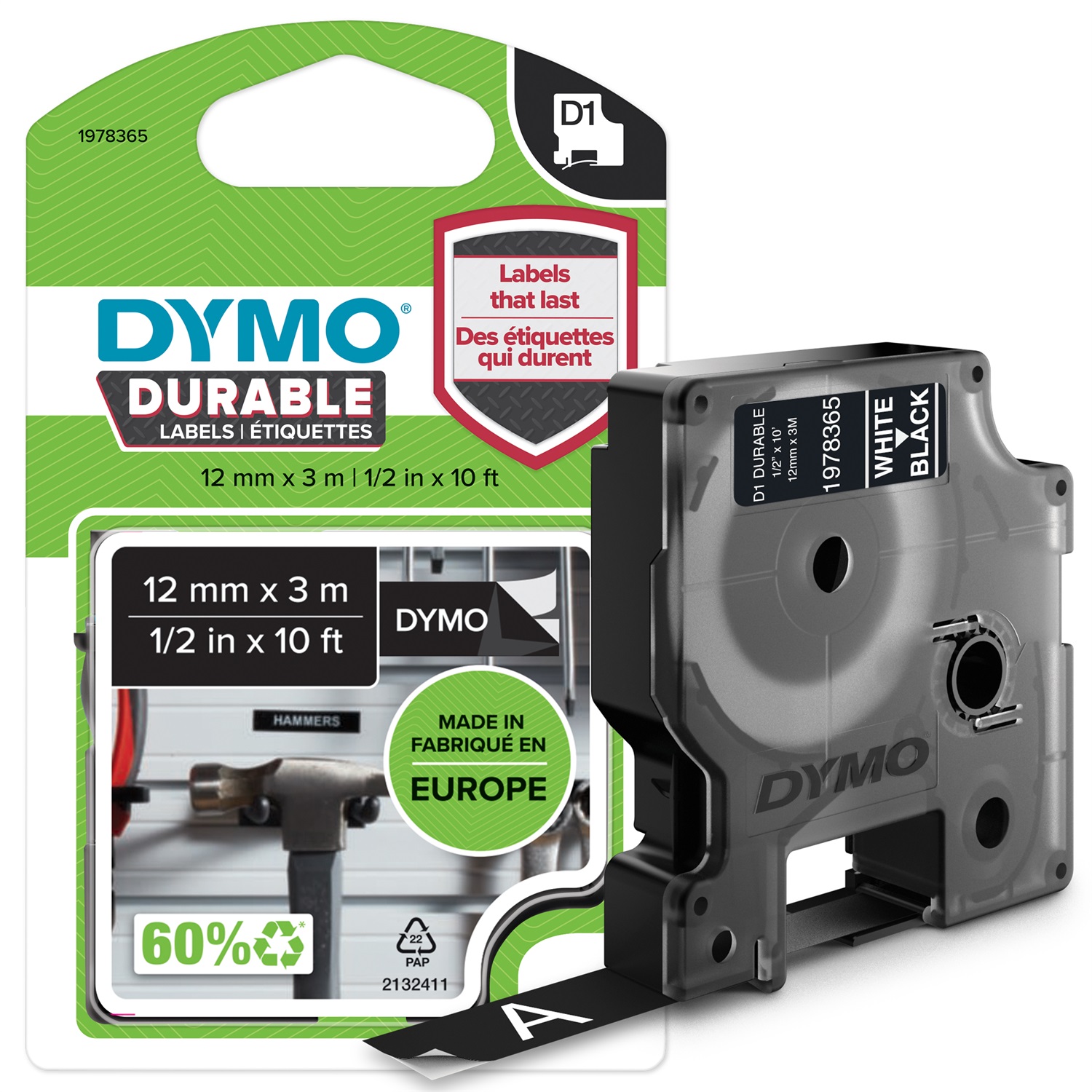 DYMO D1 Durable Nastro Etichette - Bianco su Nero - 12mm x 3m - Vinile Resistente per Uso Industriale