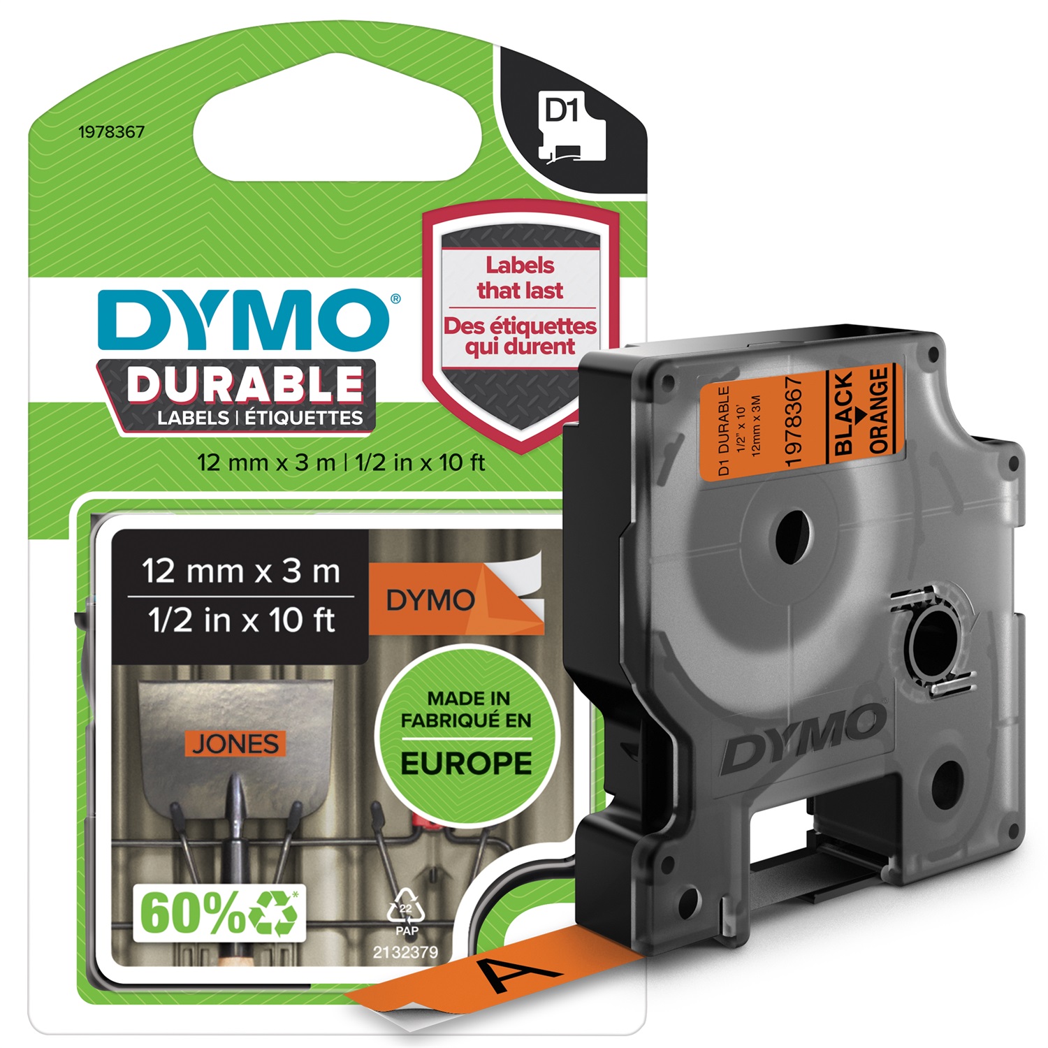 DYMO D1 Durable Etichette Permanenti in Vinile - Nero su Arancio - 12mm x 3m - Resistente a Caldo, Freddo e UV