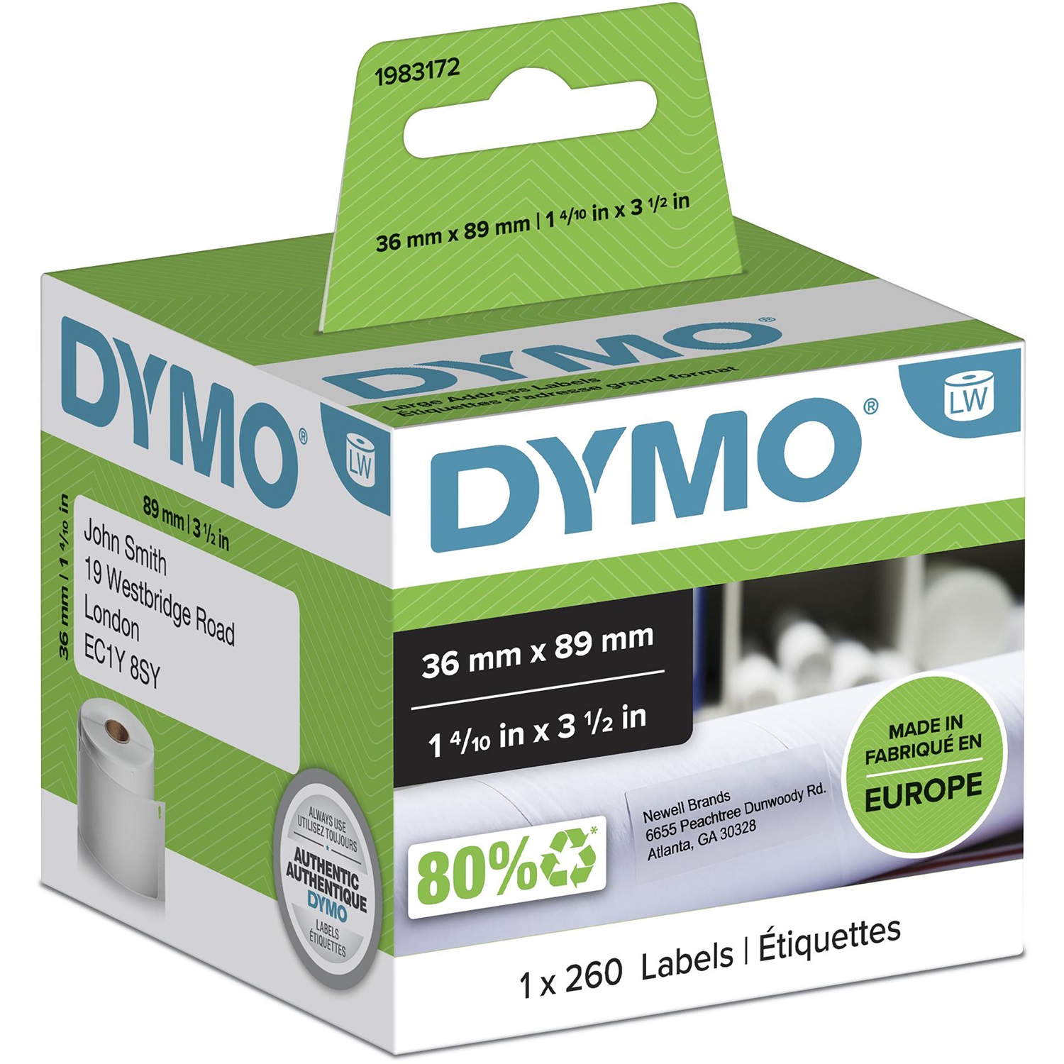 DYMO Etichette per Indirizzi Grandi - 36x89 mm - Carta Bianca - Rotolo da 260 Etichette Adesive Permanenti