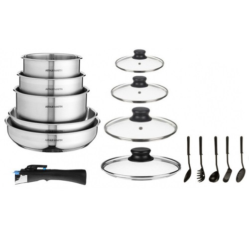 Arthur Martin Set di Pentole 15 Pezzi in Acciaio Inossidabile - Compatibile con Tutti i Fuochi, 2 Padelle (24-26 cm), 3 Casseruole (16-18-20 cm), 4 Coperchi, Manico Rimovibile, 5 Utensili
