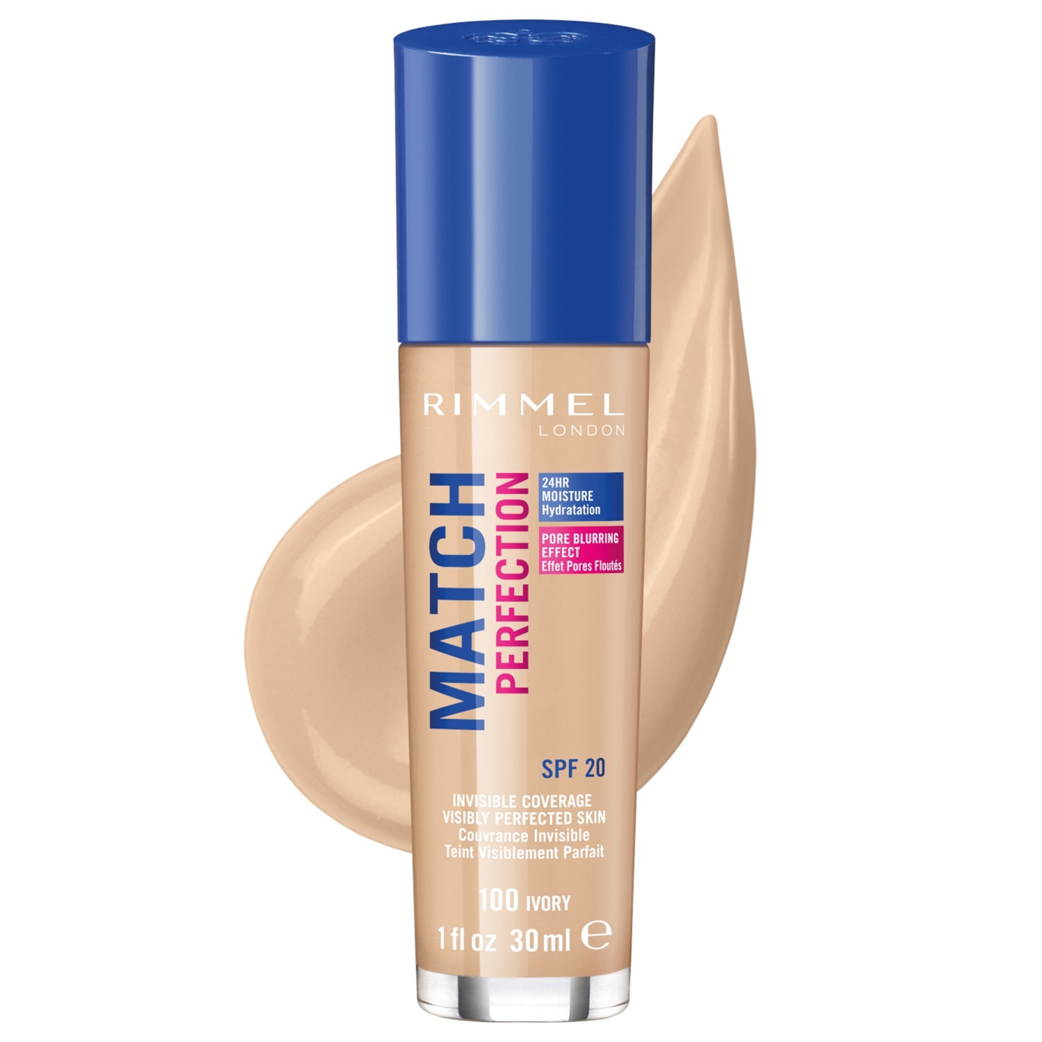 Rimmel London Match Perfection Foundation 30 ml - Fondotinta Idratante 100 Ivory con Effetto di Sfocatura dei Pori