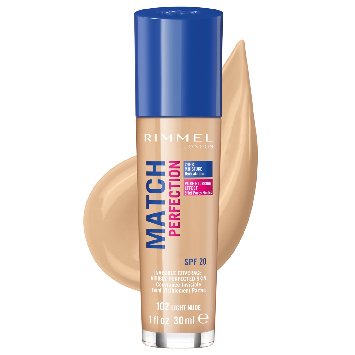 Rimmel Match Perfection Fondotinta 30 ml Light Nude 102 con SPF20 - Corregge Imperfezioni e Affina la Pelle