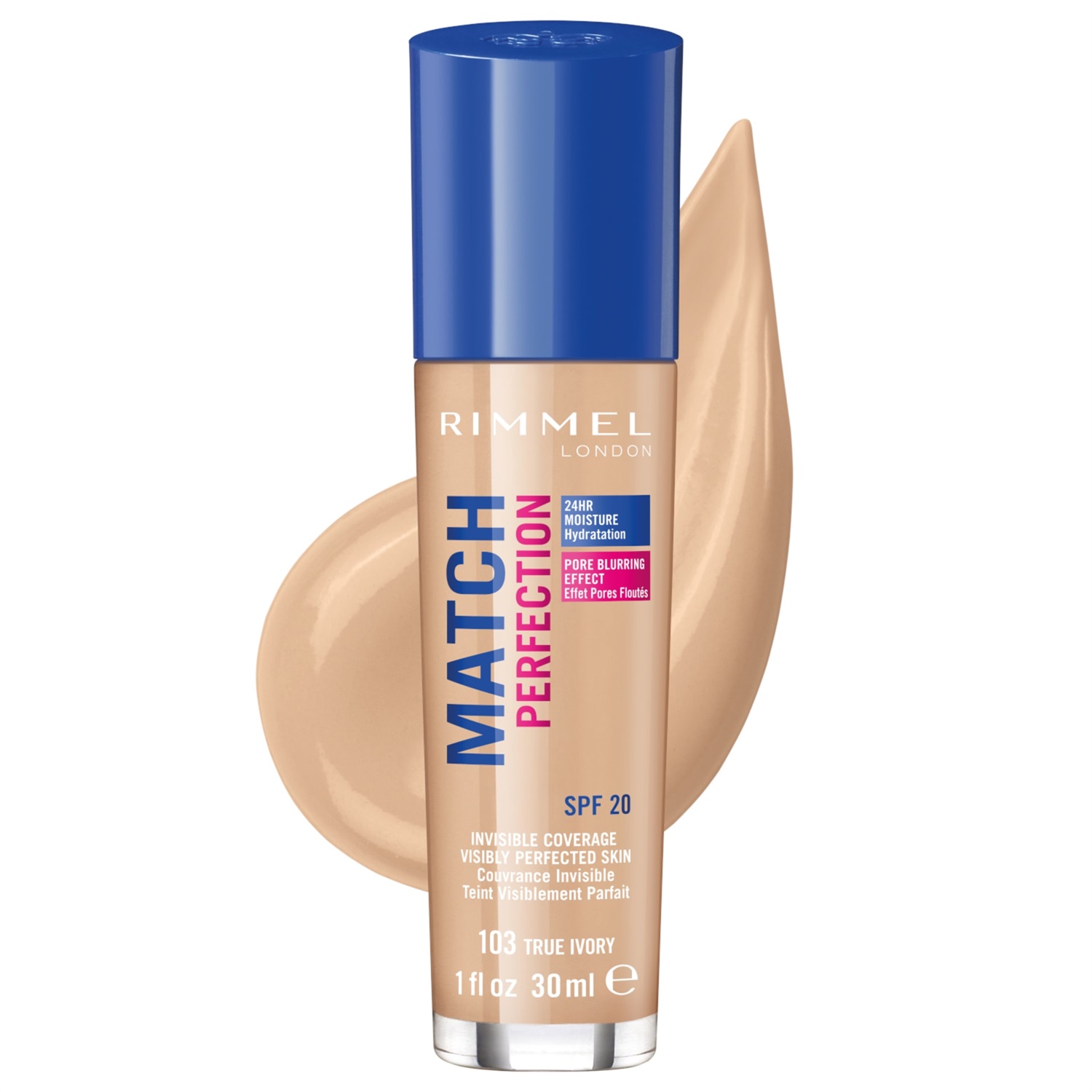 Rimmel Match Perfection Fondotinta Liquido 30 ml SPF20 - 103 True Ivory, Idratante e Levigante