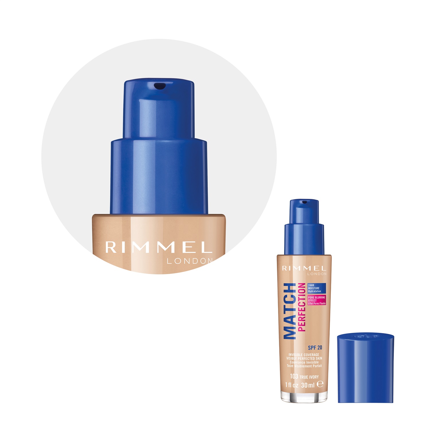 Rimmel Match Perfection Fondotinta Liquido 30 ml SPF20 - 103 True Ivory, Idratante e Levigante