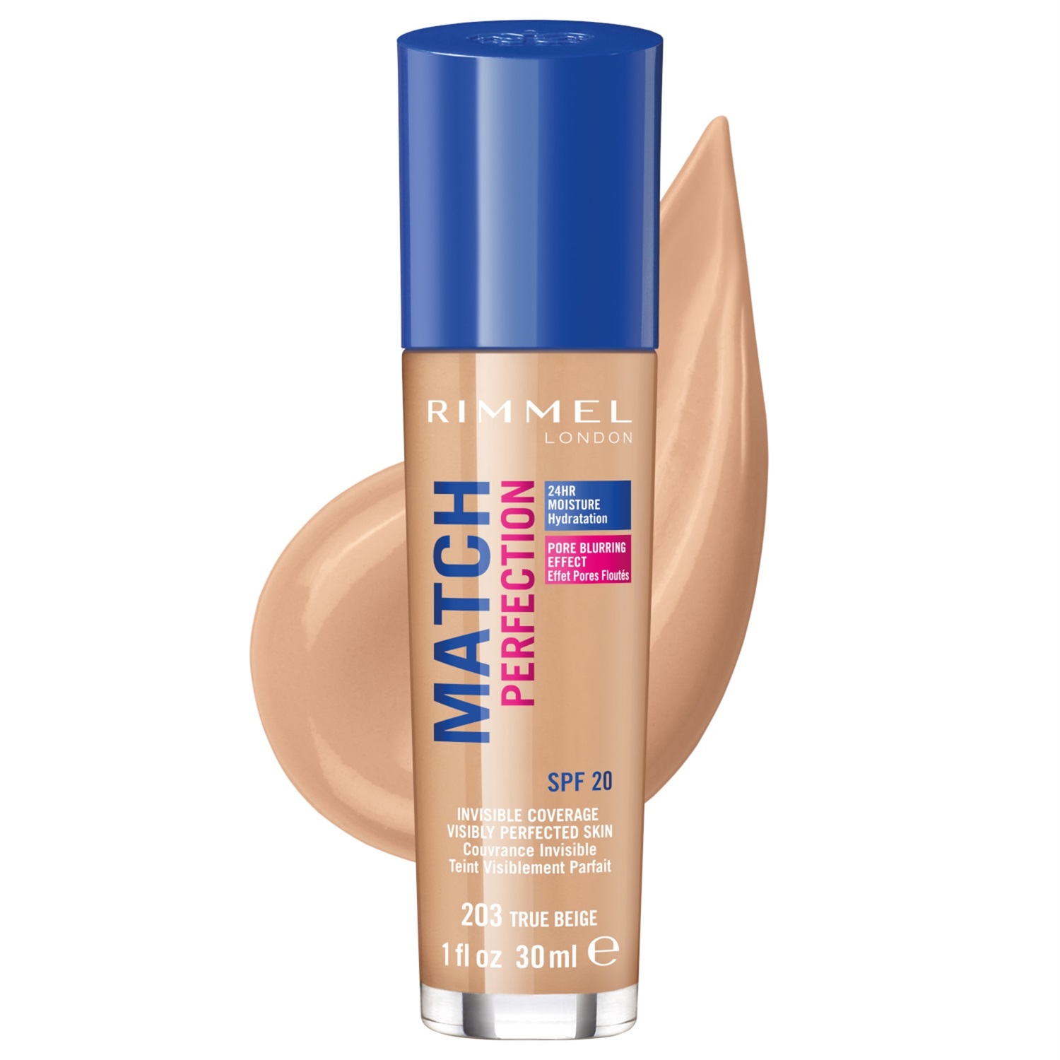 Rimmel London Match Perfection Foundation 30 ml - Fondotinta Liquido 203 True Beige con Texture Confortevole e Applicazione Pratica