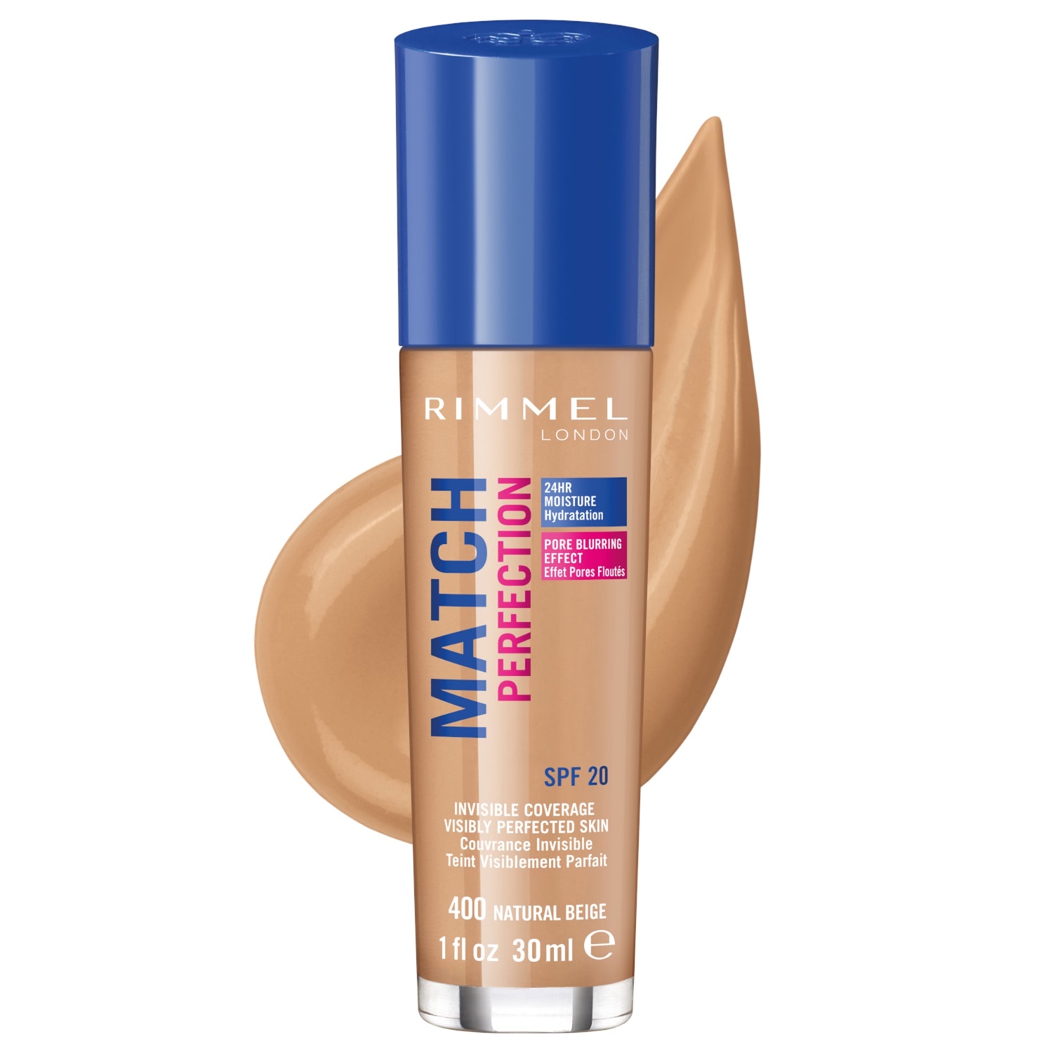 Rimmel Match Perfection Fondotinta Liquido 30 ml - Natural Beige 400, Idratante, SPF 20, Levigante