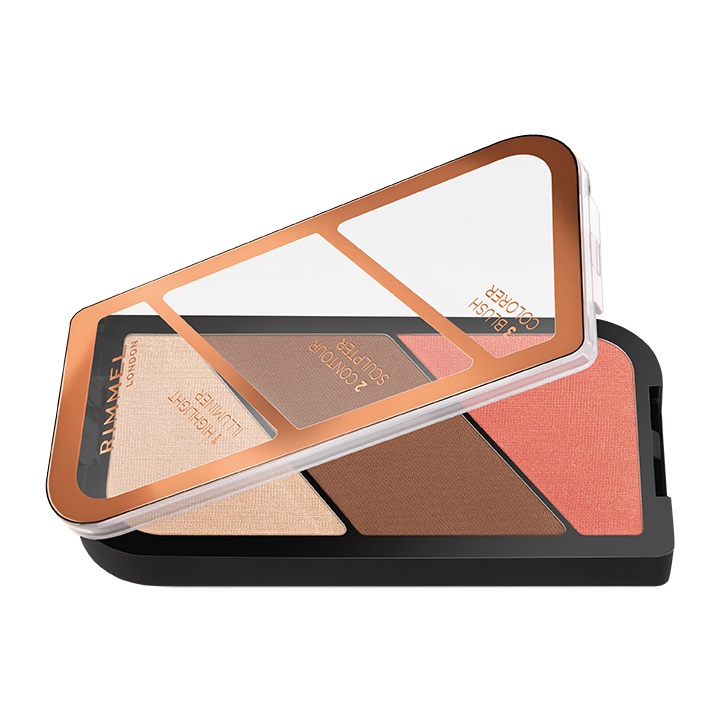 Rimmel London Sculpting Palette 002 Coral Glow - Palette Contouring Viso 3 in 1 con Illuminante, Bronzer e Blush