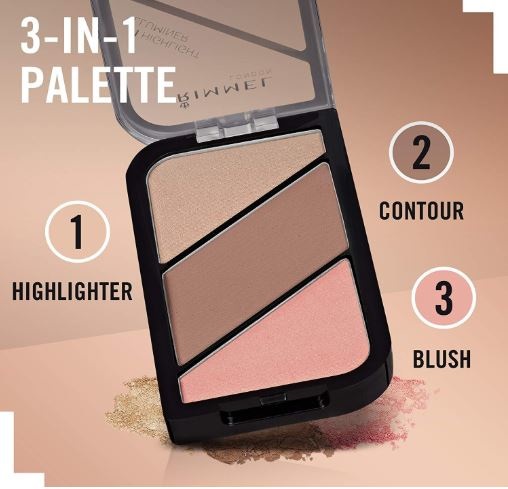 Rimmel London Sculpting Palette 002 Coral Glow - Palette Contouring Viso 3 in 1 con Illuminante, Bronzer e Blush