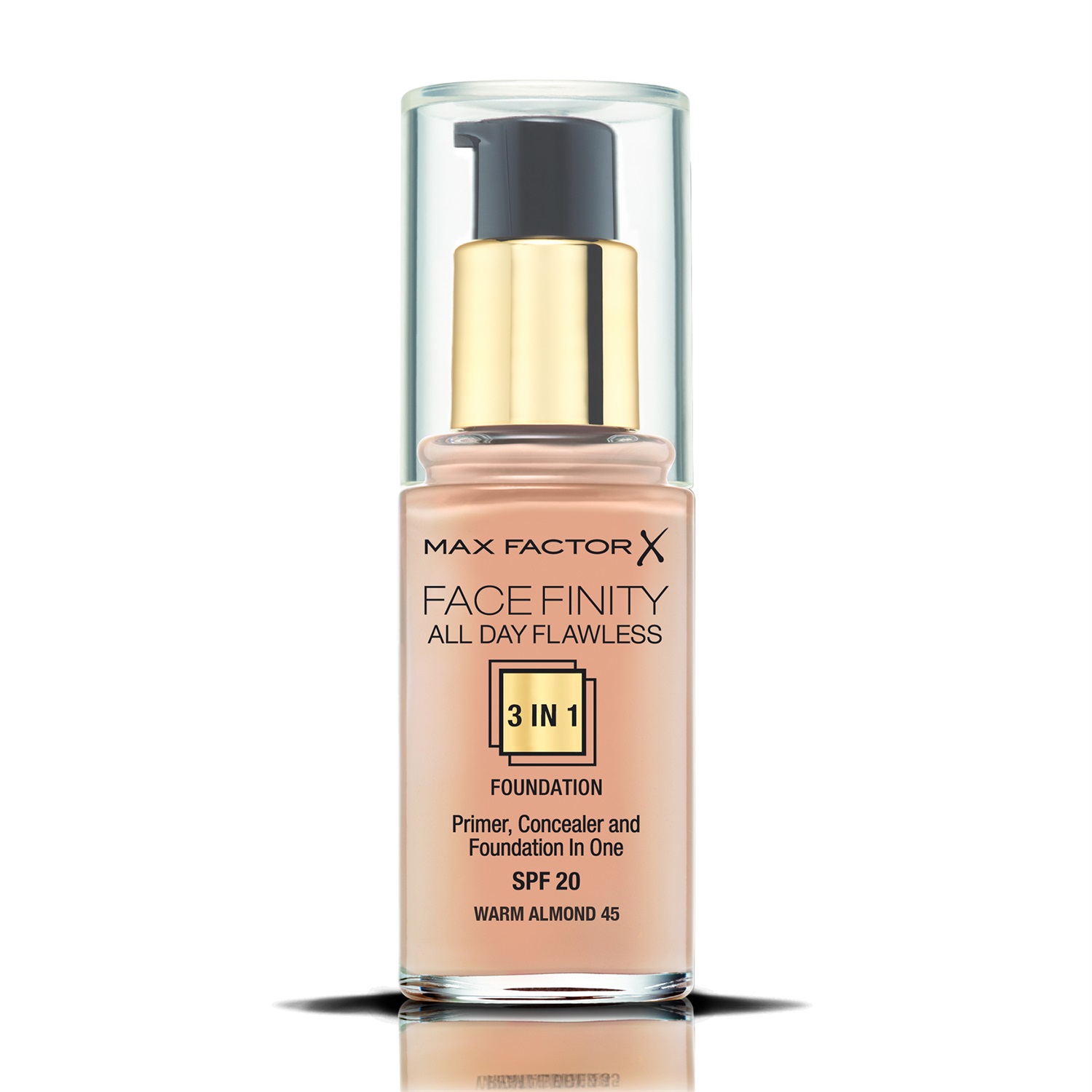 Max Factor Facefinity All Day Flawless 3 in 1 Fondotinta Liquido, 045 Warm Almond, 30ml, con Primer e Correttore Integrati, Lunga Durata e SPF 20