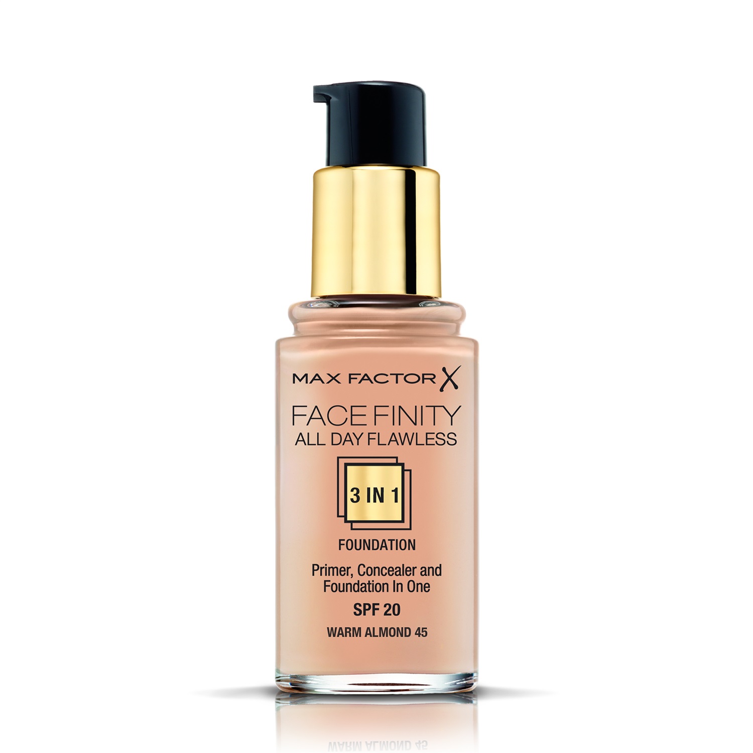 Max Factor Facefinity All Day Flawless 3 in 1 Fondotinta Liquido, 045 Warm Almond, 30ml, con Primer e Correttore Integrati, Lunga Durata e SPF 20