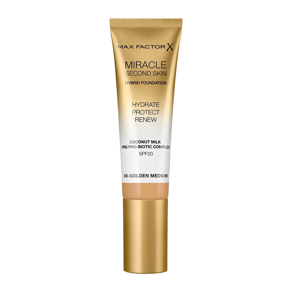Max Factor Miracle Second Skin Fondotinta Liquido 30ml 06 Golden Medium - Finish Naturale, Idratante con Latte di Cocco e SPF 20