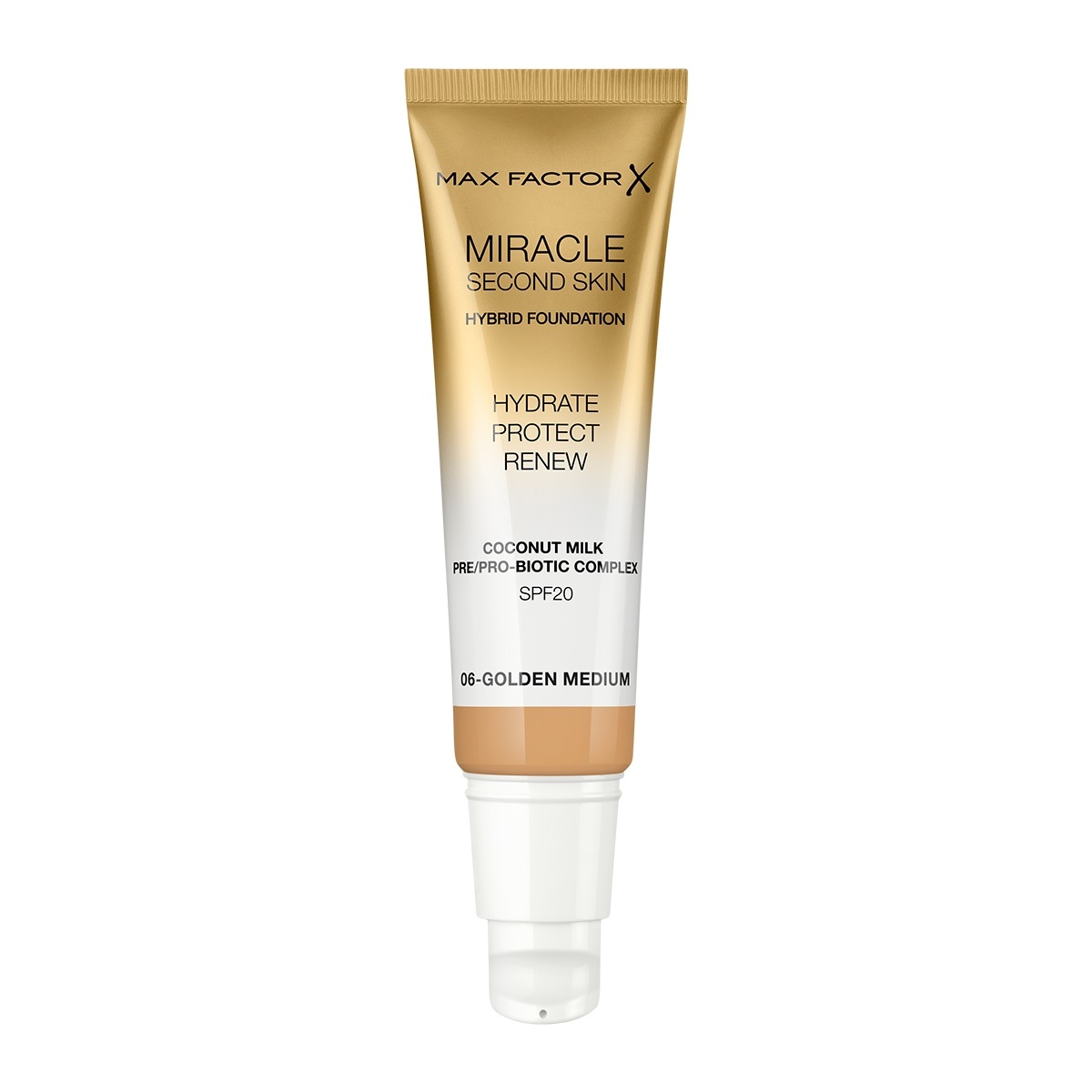Max Factor Miracle Second Skin Fondotinta Liquido 30ml 06 Golden Medium - Finish Naturale, Idratante con Latte di Cocco e SPF 20