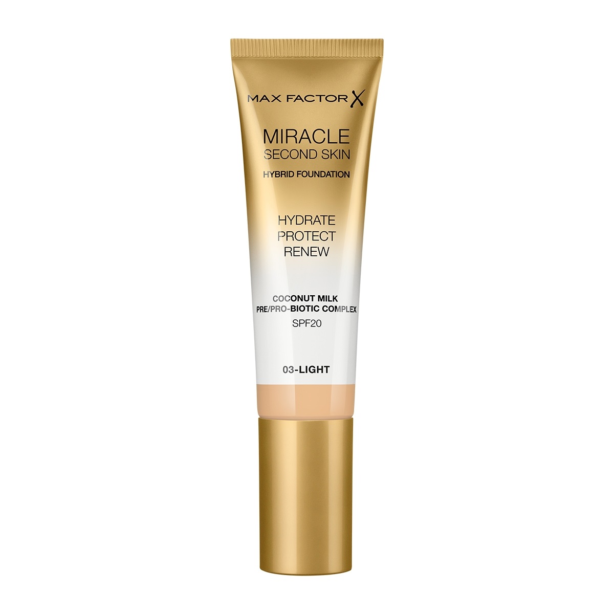 Max Factor Miracle Second Skin Fondotinta Liquido 30ml 03 Light - Idratante con Latte di Cocco e SPF 20