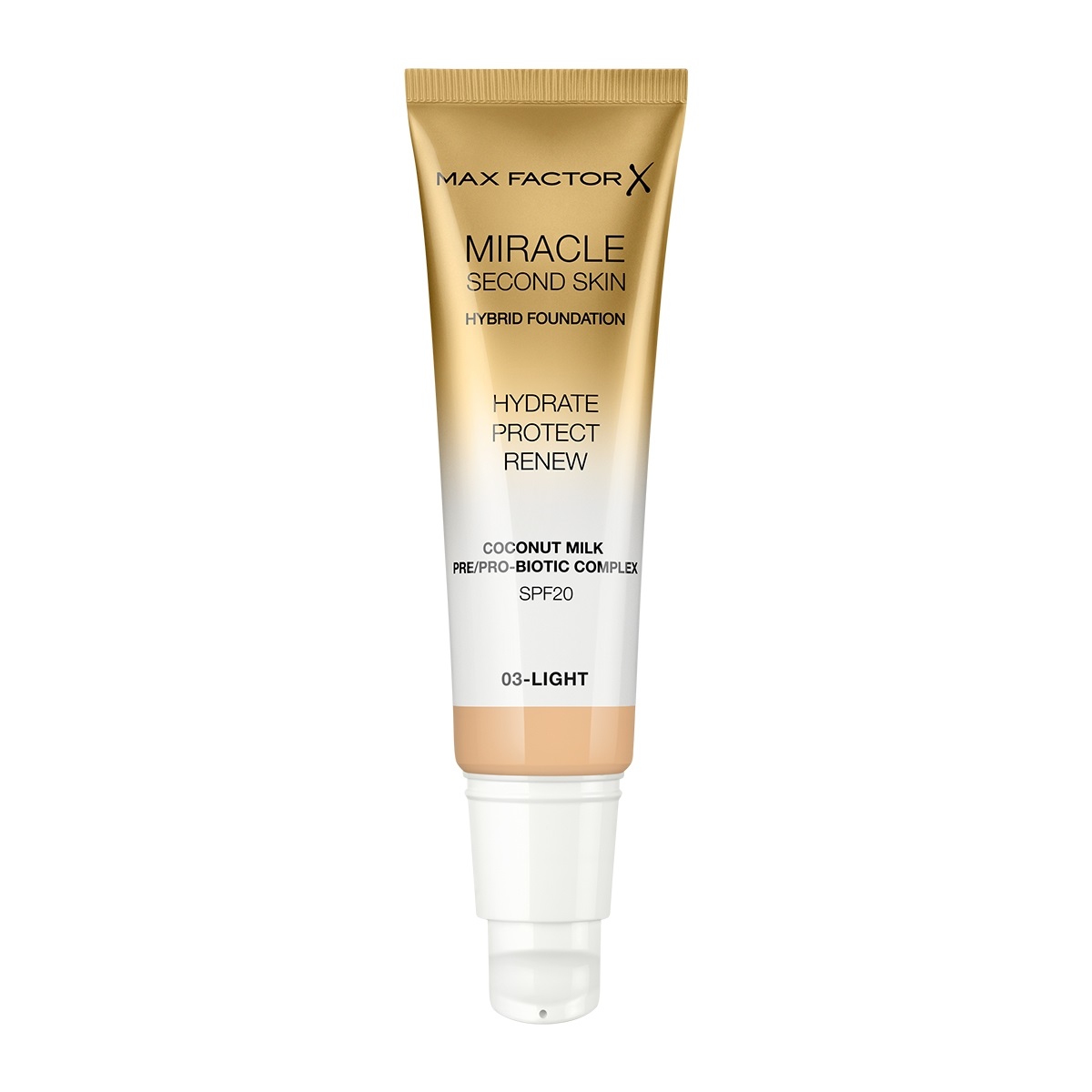 Max Factor Miracle Second Skin Fondotinta Liquido 30ml 03 Light - Idratante con Latte di Cocco e SPF 20