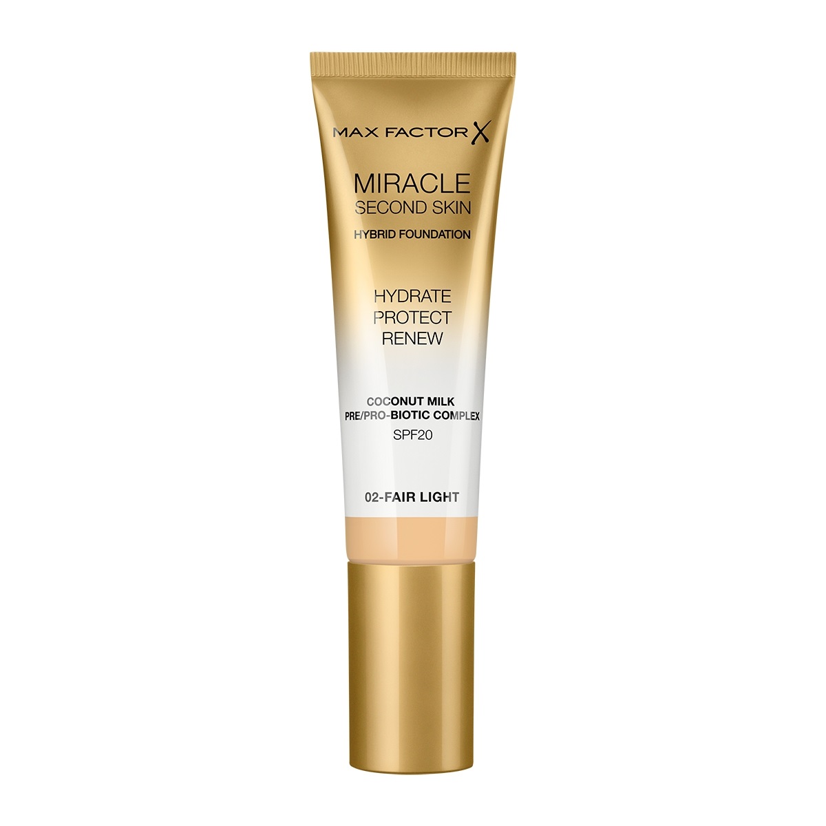 Max Factor Miracle Second Skin Fondotinta Liquido 30 ml 02 Fair Light - Idratante con Latte di Cocco e SPF 20
