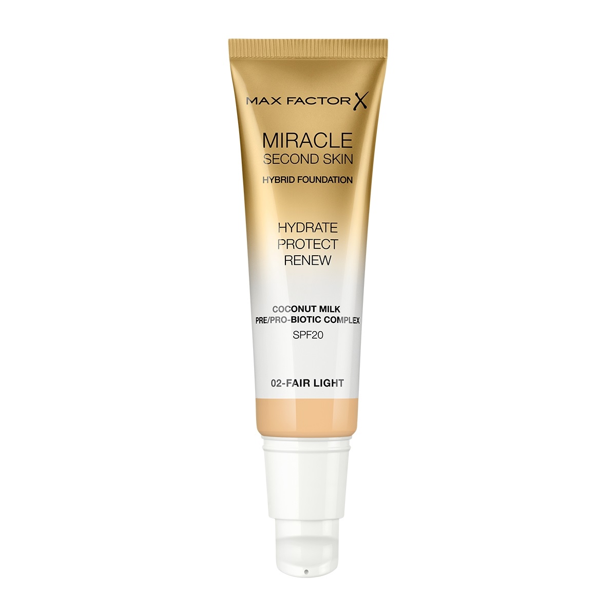 Max Factor Miracle Second Skin Fondotinta Liquido 30 ml 02 Fair Light - Idratante con Latte di Cocco e SPF 20
