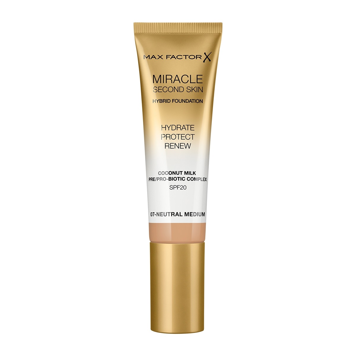 Max Factor Miracle Second Skin Fondotinta Liquido 30ml 07 Neutral Medium - Finish Naturale, Idratante con Latte di Cocco e SPF 20