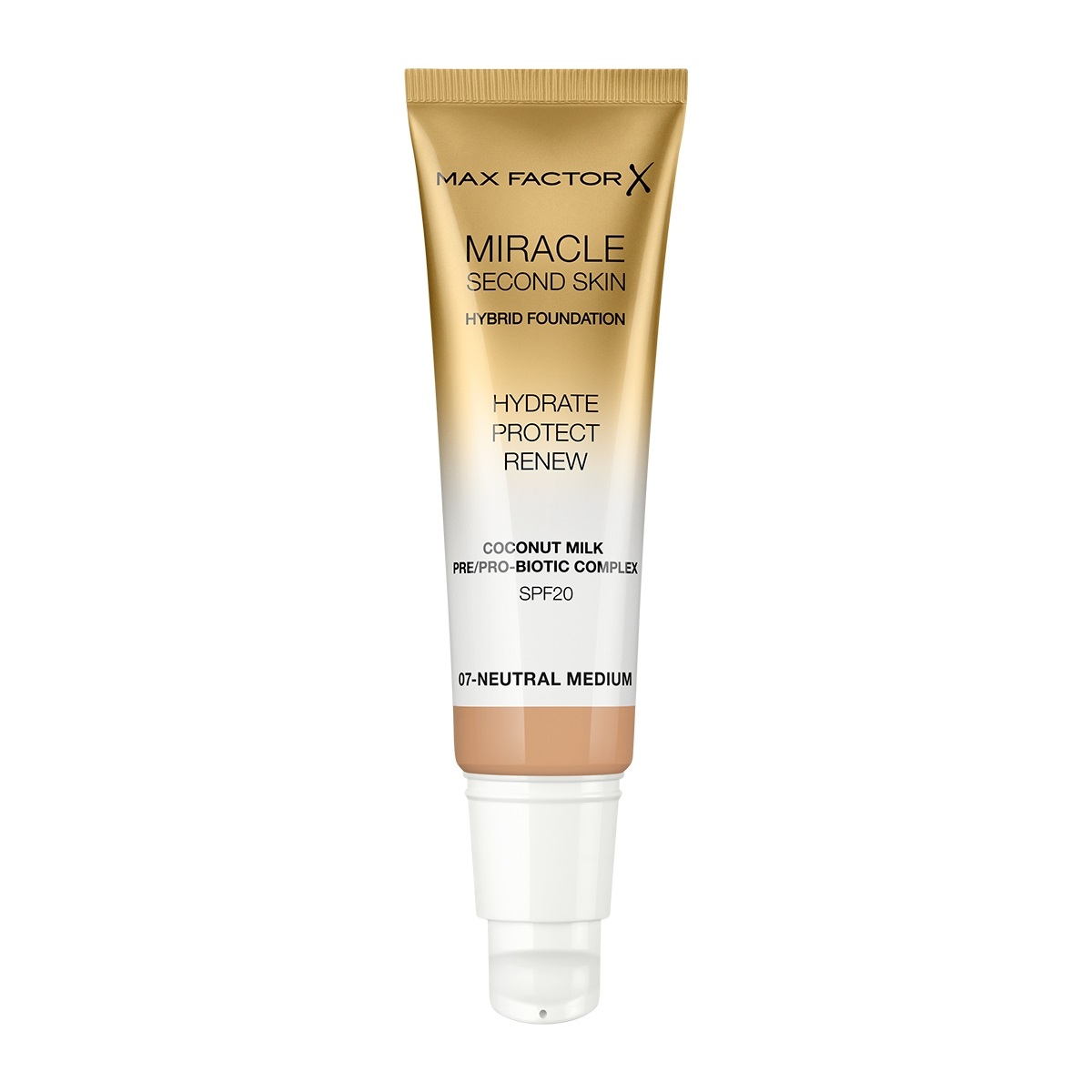 Max Factor Miracle Second Skin Fondotinta Liquido 30ml 07 Neutral Medium - Finish Naturale, Idratante con Latte di Cocco e SPF 20