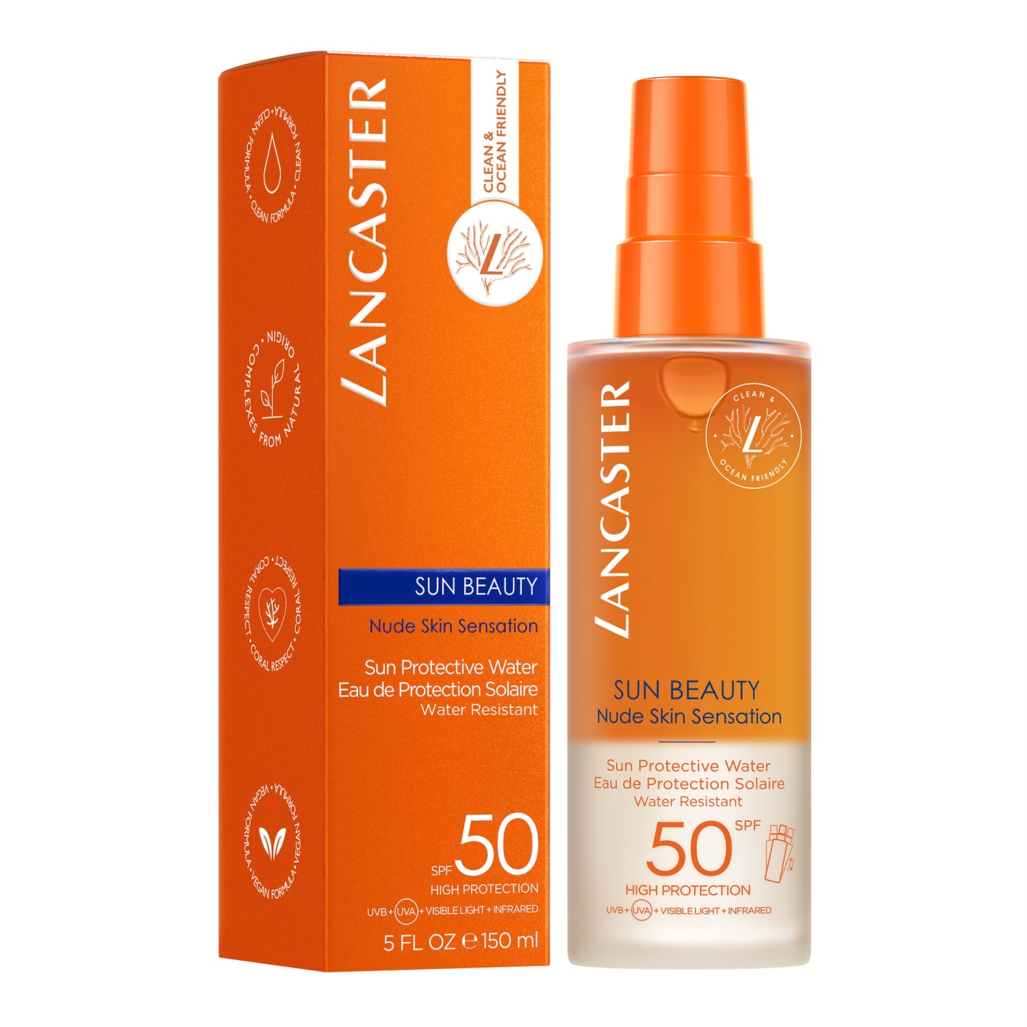 Lancaster Sun Beauty Sun Protective Water SPF 50 - Acqua Bifasica Protettiva Solare, Texture Effetto Pelle Nuda, Rinfrescante e Idratante, 150 ml