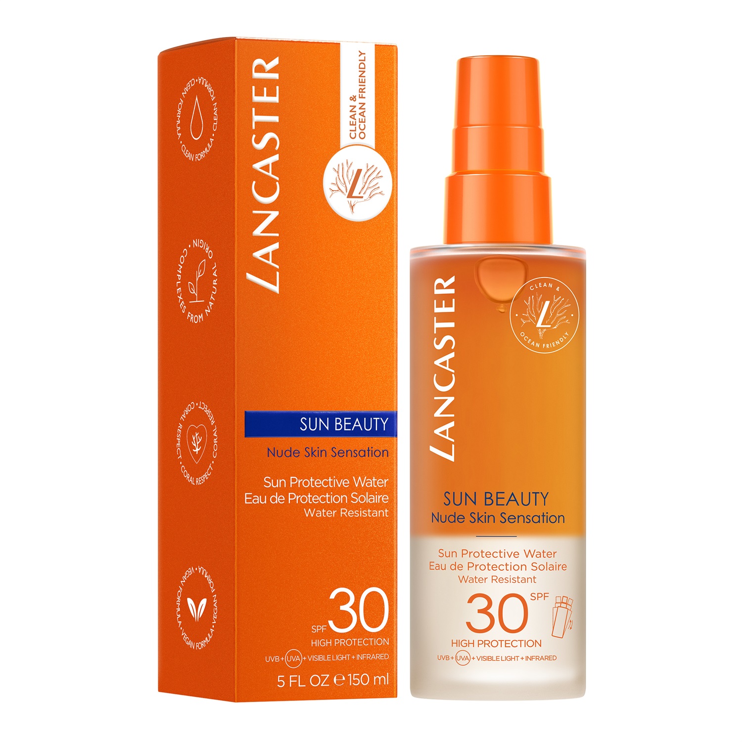 Lancaster Sun Beauty Acqua Protettiva Solare SPF 30 - 150 ml, Formula Non Oleosa, Effetto Pelle Nuda, Rinfrescante e Idratante