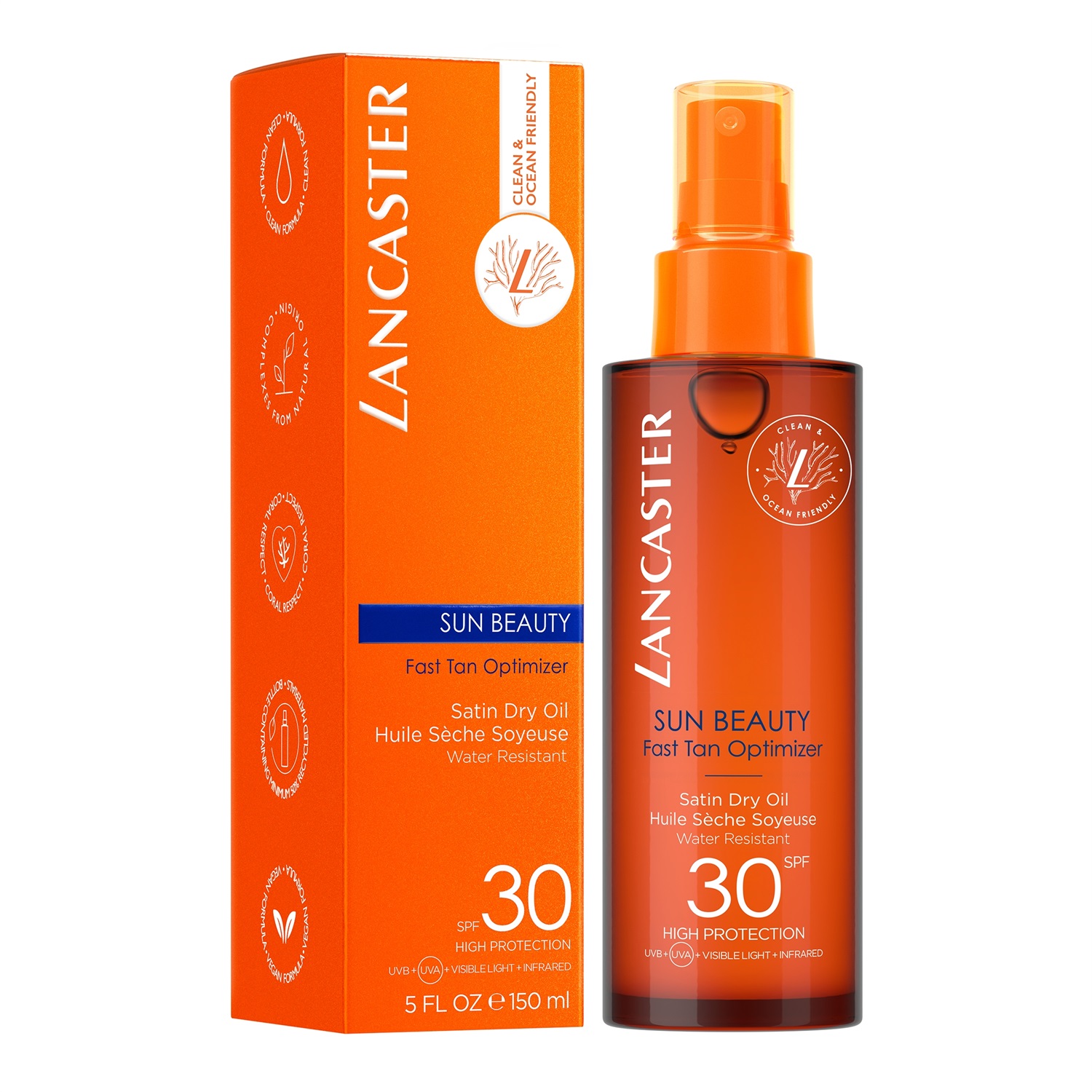 Lancaster Sun Beauty Olio Secco Satinato SPF30 Fast Tan Optimizer - 150ml, Protezione Solare Ad Ampio Spettro, Non Ungente, Finish Luminoso
