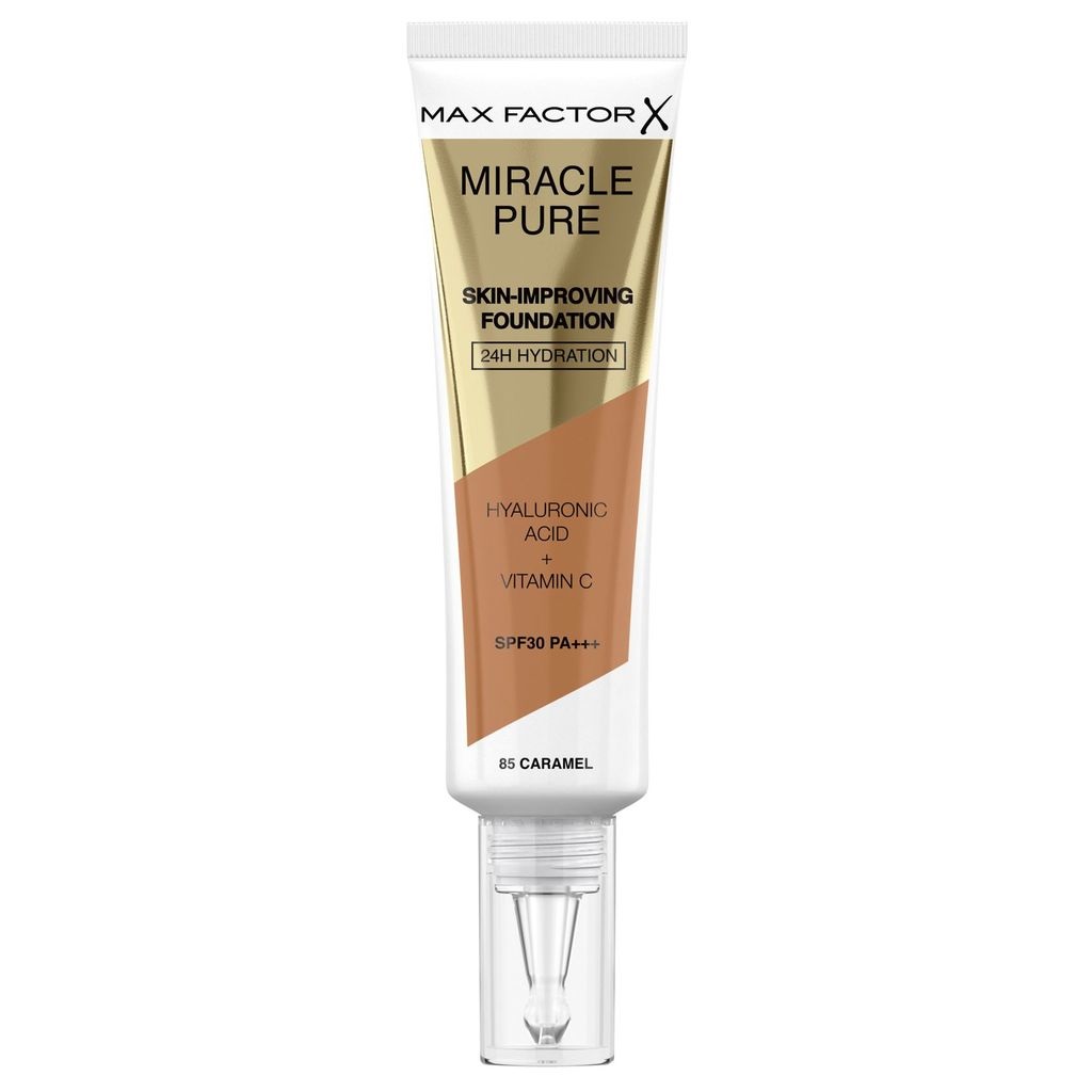 Max Factor Miracle Pure Fondotinta Caramel 85 - 30 ml, Idratante con Acido Ialuronico, Vitamina C e SPF 30