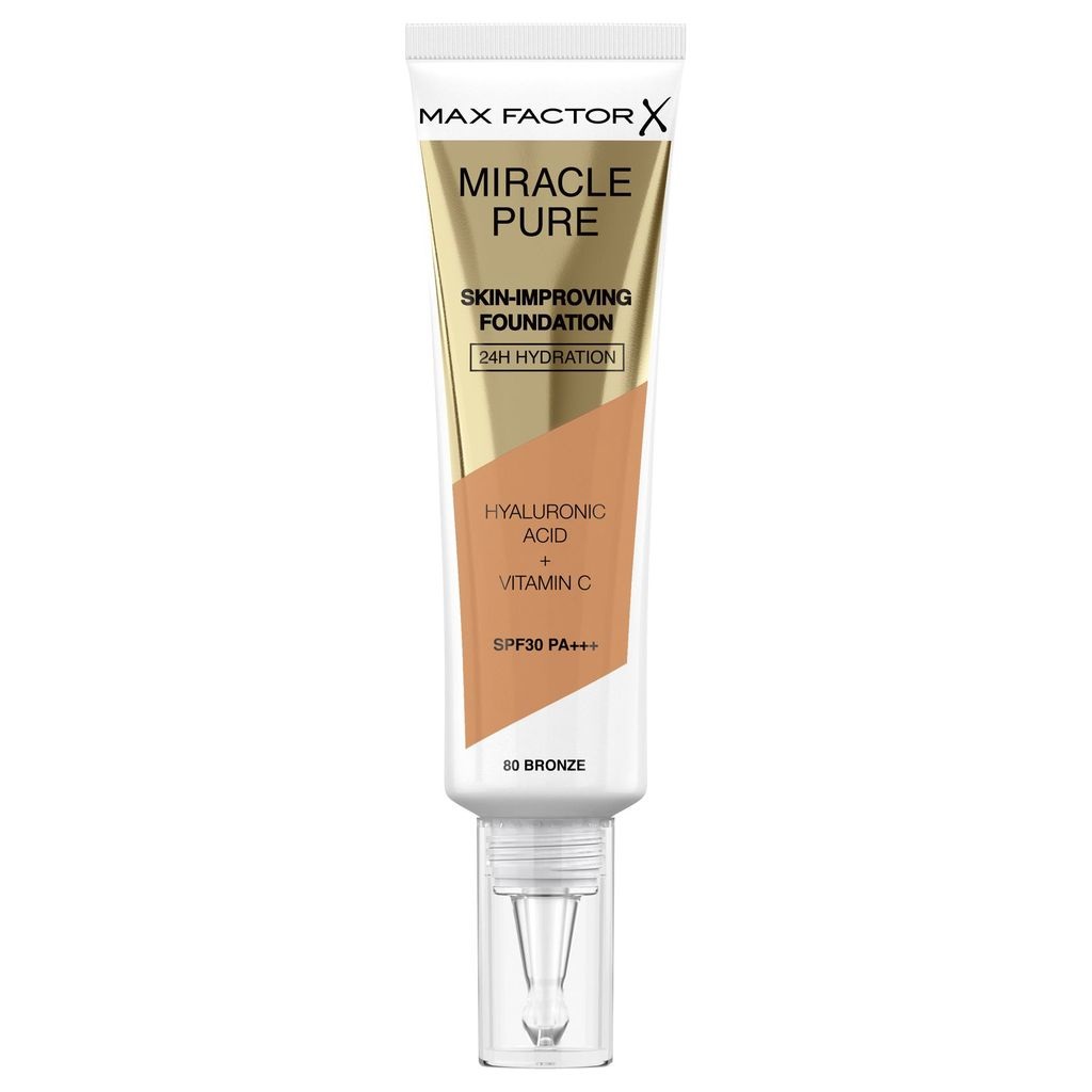 Max Factor Miracle Pure Fondotinta Bronze 80 - 30 ml, Idratante con Acido Ialuronico e Vitamina C, SPF 30