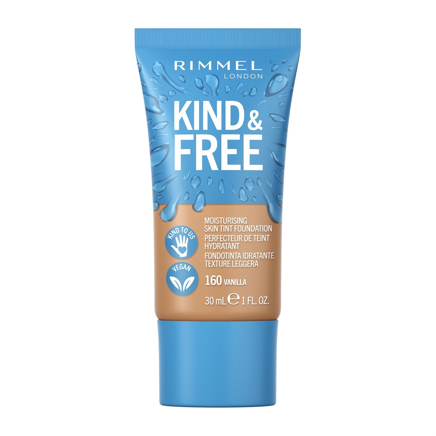Rimmel Kind & Free Fondotinta Idratante 30ml - Tonalità 150 Rose Vanilla, Formula Leggera, Vegano e Cruelty-Free con Vitamine E e B5