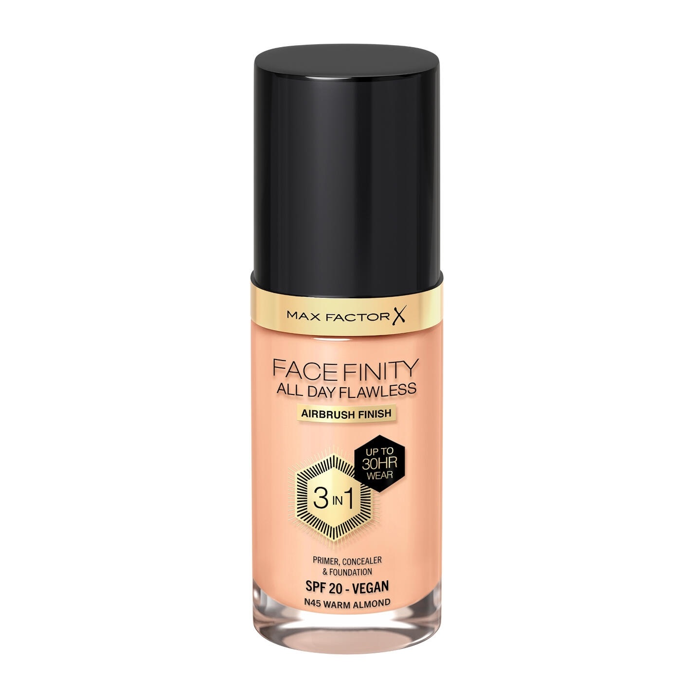 Max Factor Fondotinta Facefinity All Day Flawless 3 in 1 Vegan N45 Warm Almond - 30 ml, Correttore, Primer, Tenuta fino a 30 ore, SPF20