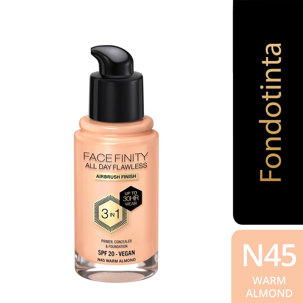 Max Factor Fondotinta Facefinity All Day Flawless 3 in 1 Vegan N45 Warm Almond - 30 ml, Correttore, Primer, Tenuta fino a 30 ore, SPF20
