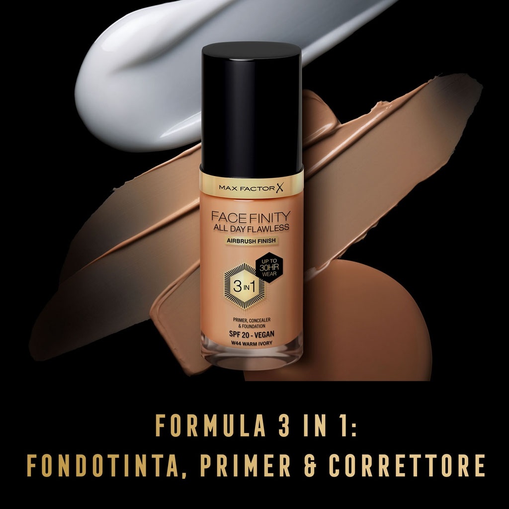 Max Factor Fondotinta Facefinity All Day Flawless 3 in 1 Vegan N75 Golden - Fondotinta liquido, Primer e Correttore, Copertura modulabile, Tenuta fino a 30 ore, SPF20, 30 ml