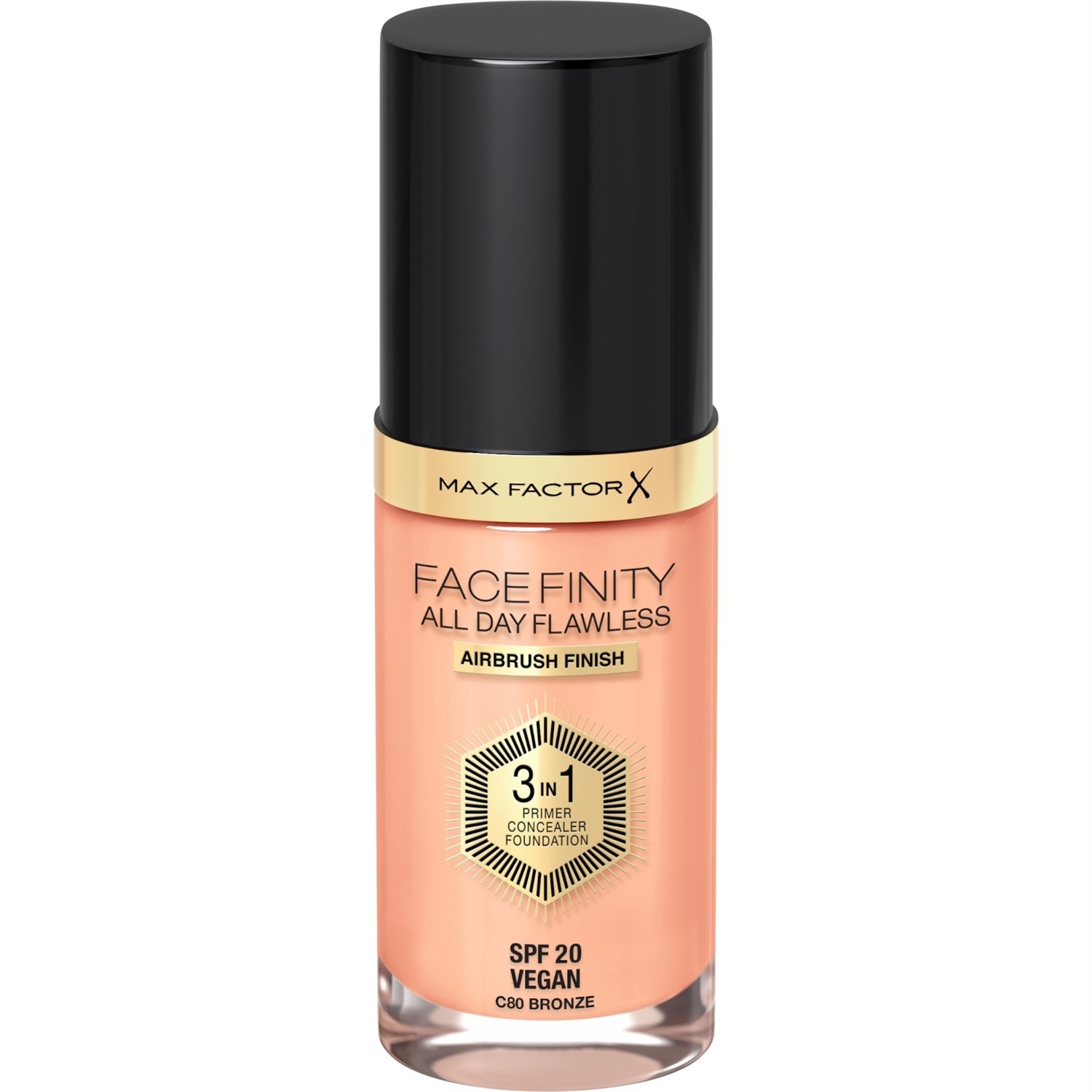 Max Factor Fondotinta Facefinity All Day Flawless 3-in-1 C80 Bronze 30 ml - Primer, Correttore e Fondotinta con SPF20, Formula Vegan e Copertura Modulabile