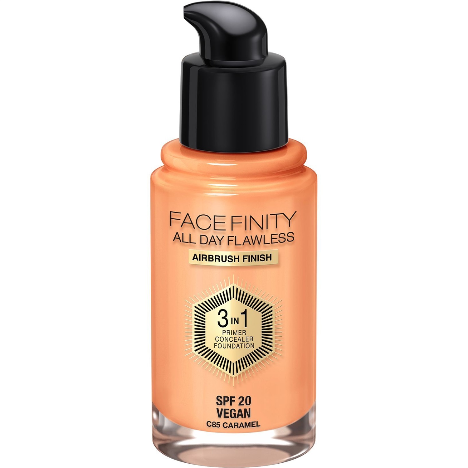 Max Factor Facefinity All Day Flawless Fondotinta 3 in 1 SPF 20 85 Caramel - 30 ml, a lunga tenuta e formula vegana