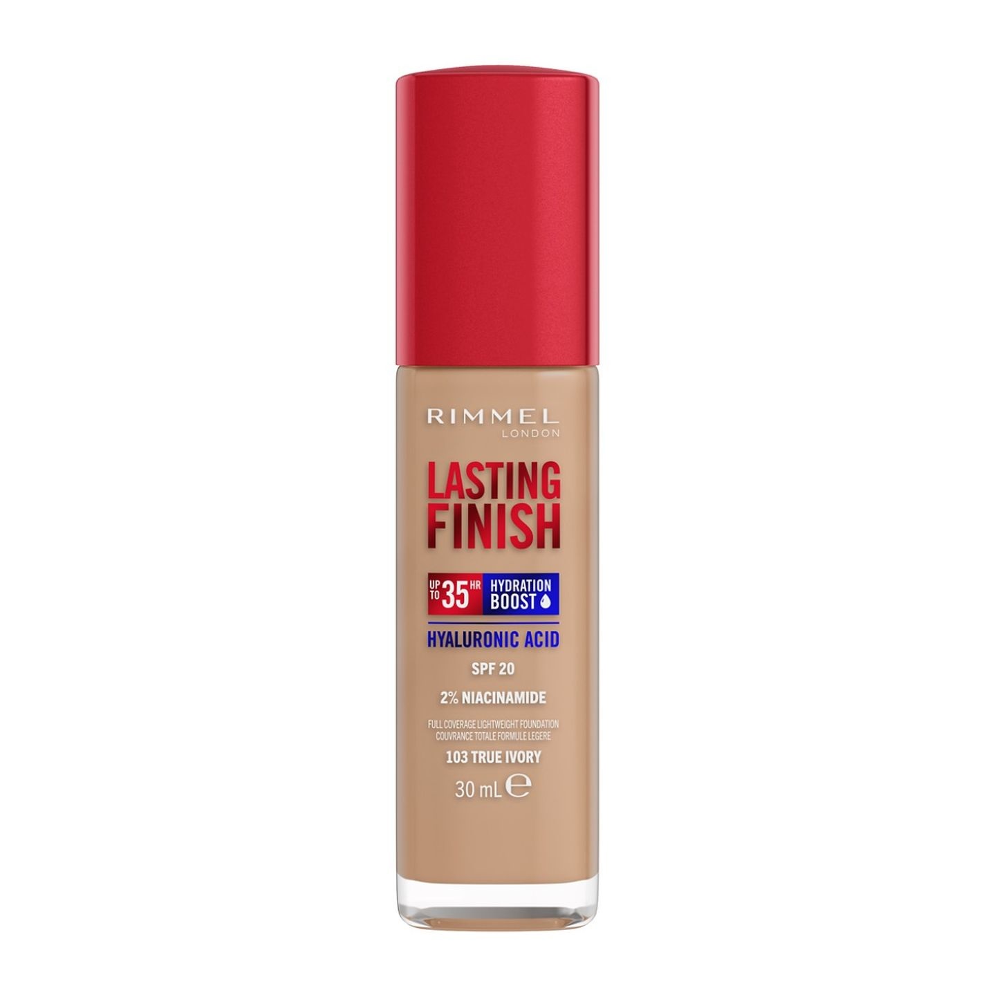 Rimmel London Fondotinta Lasting Finish 35H con Acido Ialuronico e SPF20, 103 True Ivory, 30 ml - Idratante e Lunga Tenuta