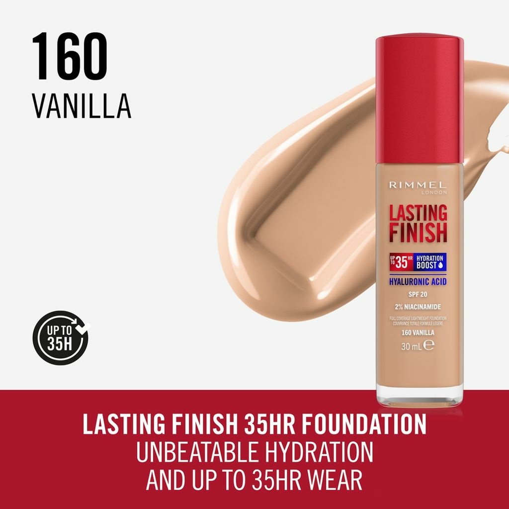 Rimmel London Fondotinta Lasting Finish 35H 160 Vanilla 30 ml - Idratante, Alta Coprenza, SPF20, Formula Vegana