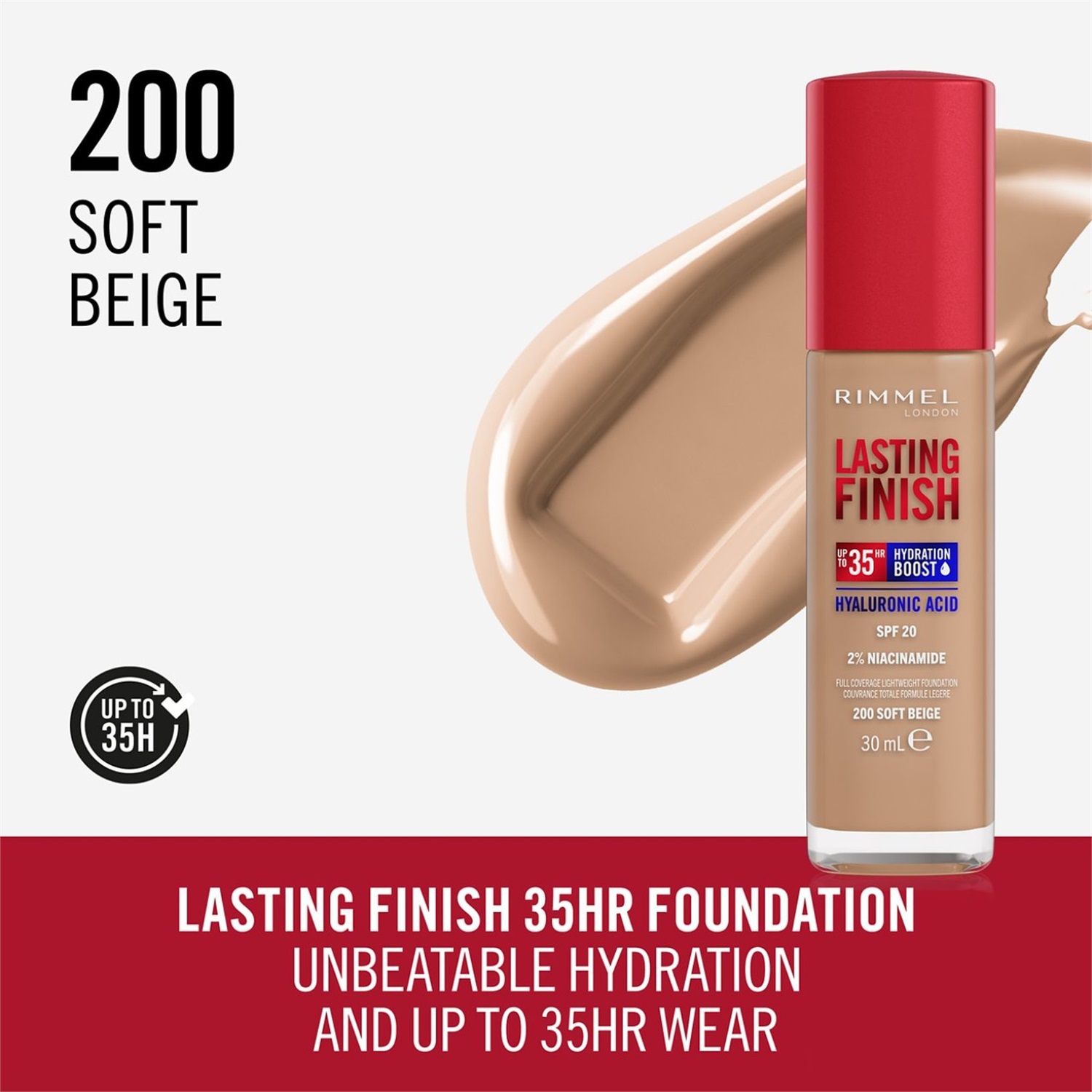 Rimmel London Fondotinta Lasting Finish 35H 200 Soft Beige 30ml - Idratazione Fino a 35 Ore con Acido Ialuronico e SPF20