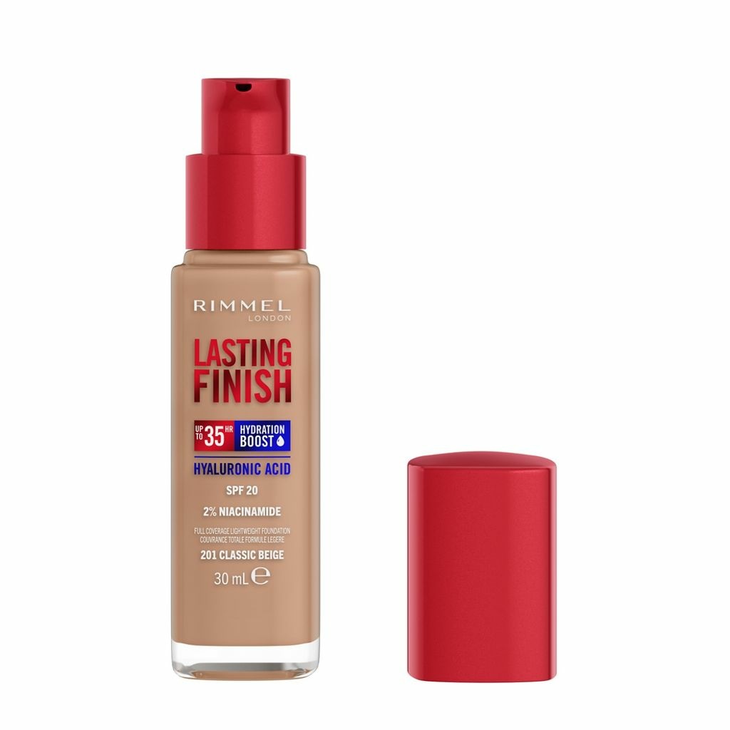 Rimmel London Lasting Finish 35H Fondotinta Idratante 201 Classic Beige 30 ml - Lunga Tenuta, Acido Ialuronico, SPF20