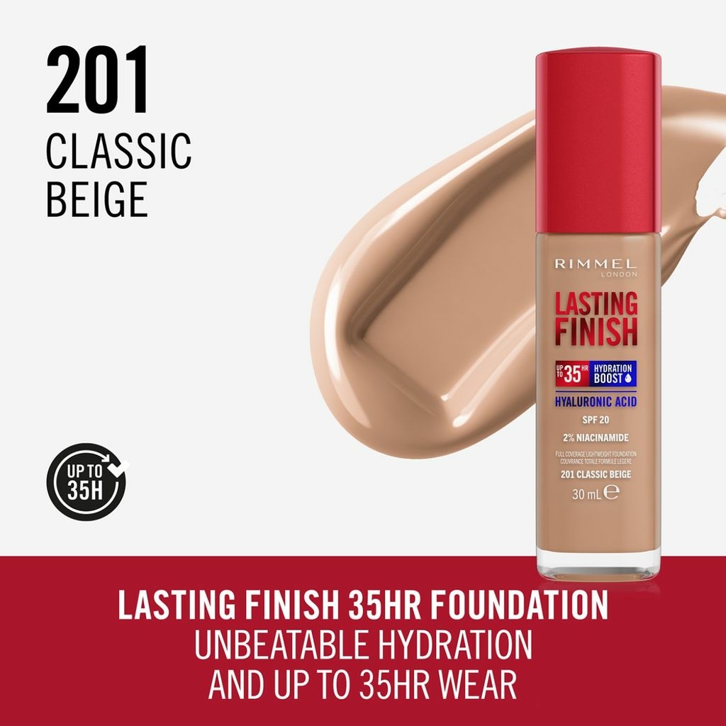 Rimmel London Lasting Finish 35H Fondotinta Idratante 201 Classic Beige 30 ml - Lunga Tenuta, Acido Ialuronico, SPF20