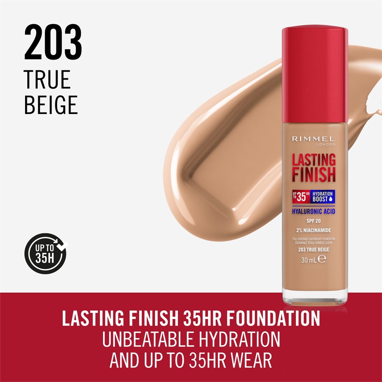 Rimmel London Fondotinta Lasting Finish 35H 203 True Beige 30ml - Idratante, Alta Coprenza, SPF20, Formula Vegana