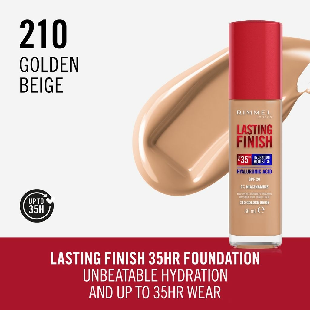 Rimmel London Lasting Finish 35H Fondotinta Idratante 210 Golden Beige 30 ml - Fino a 35 Ore di Tenuta, SPF20, con Acido Ialuronico e Niacinamide