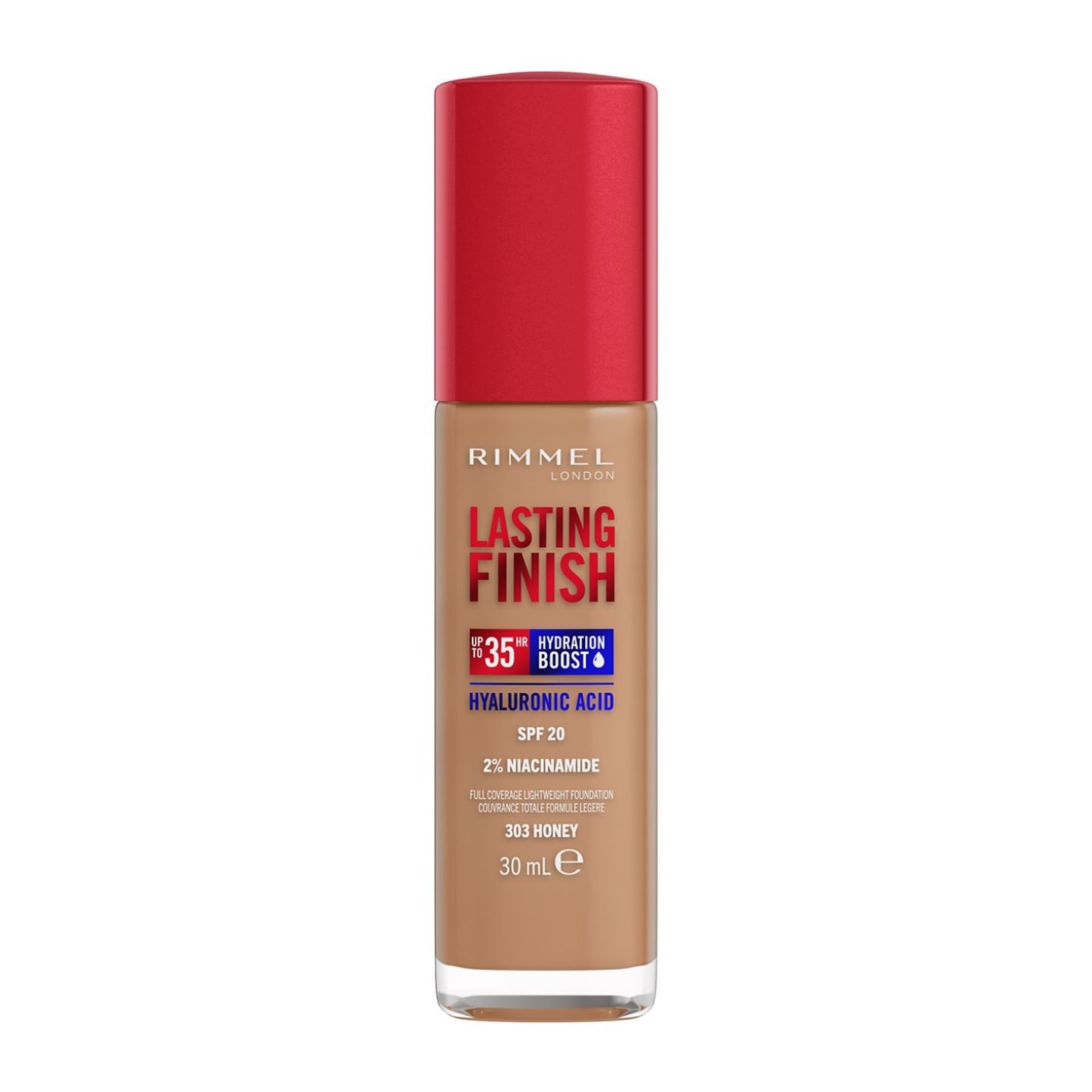 Rimmel London Fondotinta Lasting Finish 35H 303 Honey 30ml - Idratante, Alta Coprenza, SPF20, Formula Vegana