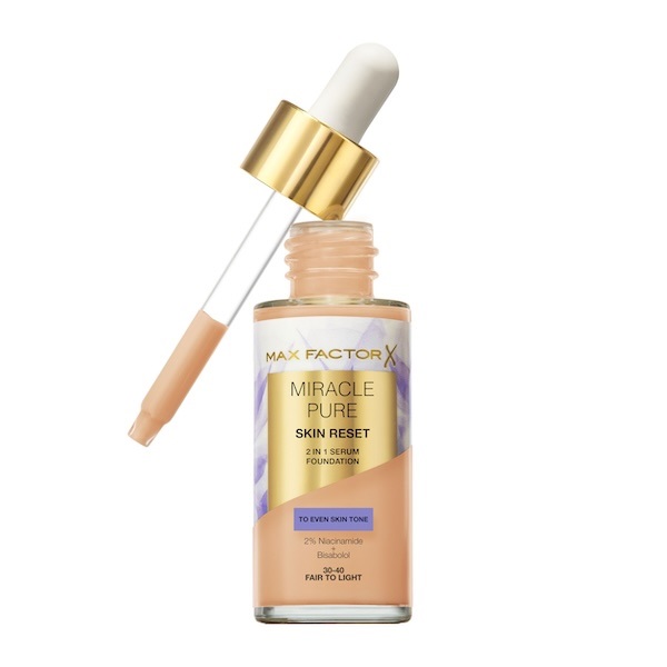 Max Factor Miracle Pure 2in1 Skin Reset Fondotinta-Serum 30 ml - 30-40 Fair to Light, Formula Vegan, Copertura Media, Finish Matte Satinato