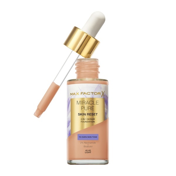 Max Factor Miracle Pure Skin Reset 2-in-1 Serum Foundation 40-60 Light 30 ml - Fondotinta e Siero, Copertura Media, Finish Matte Satinato, Formula Vegan