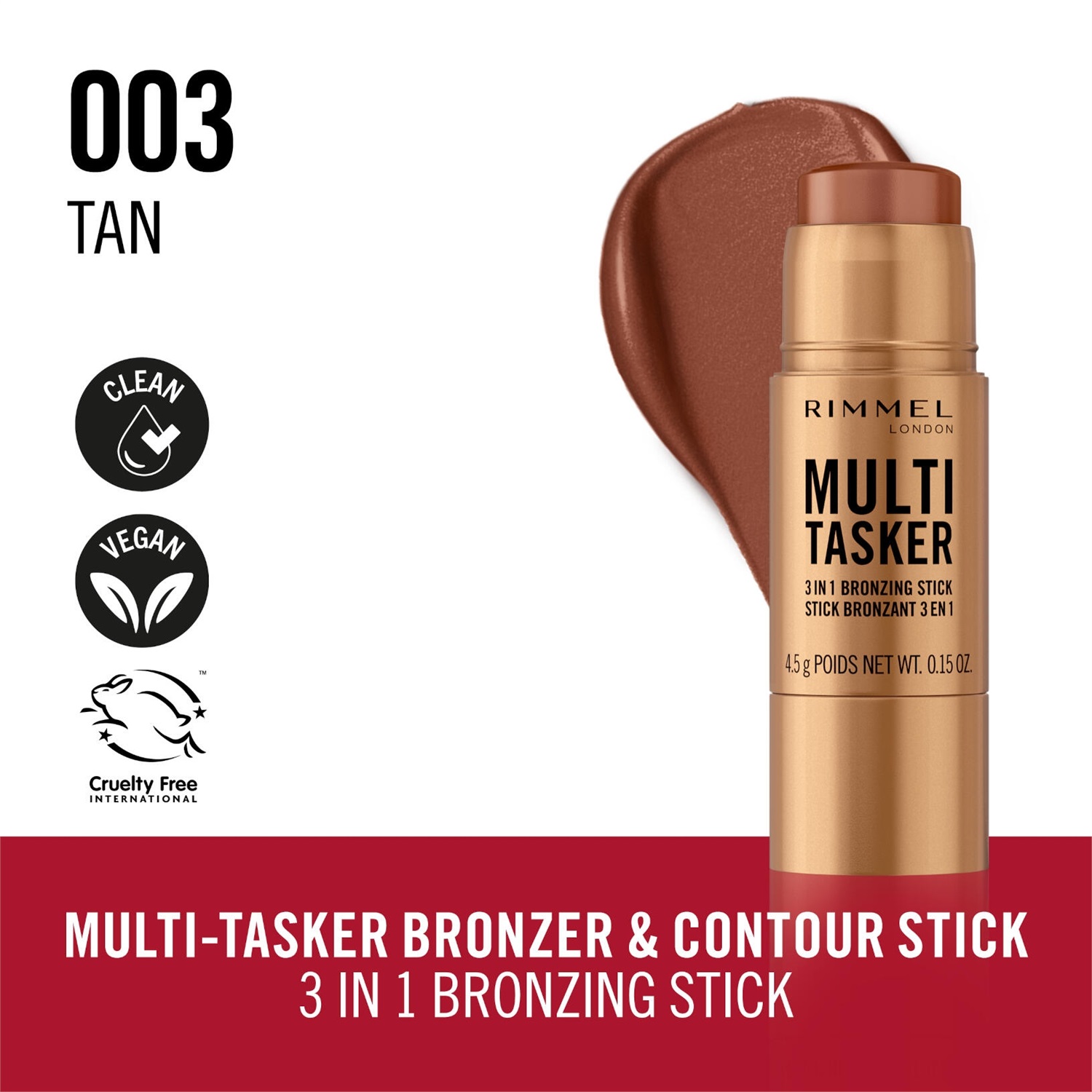 Rimmel Multi Tasker Bronzing Stick 3 in 1 003 Tan - Bronzer in Stick, 4,5 g, Finish Luminoso e Tenuta Duratura