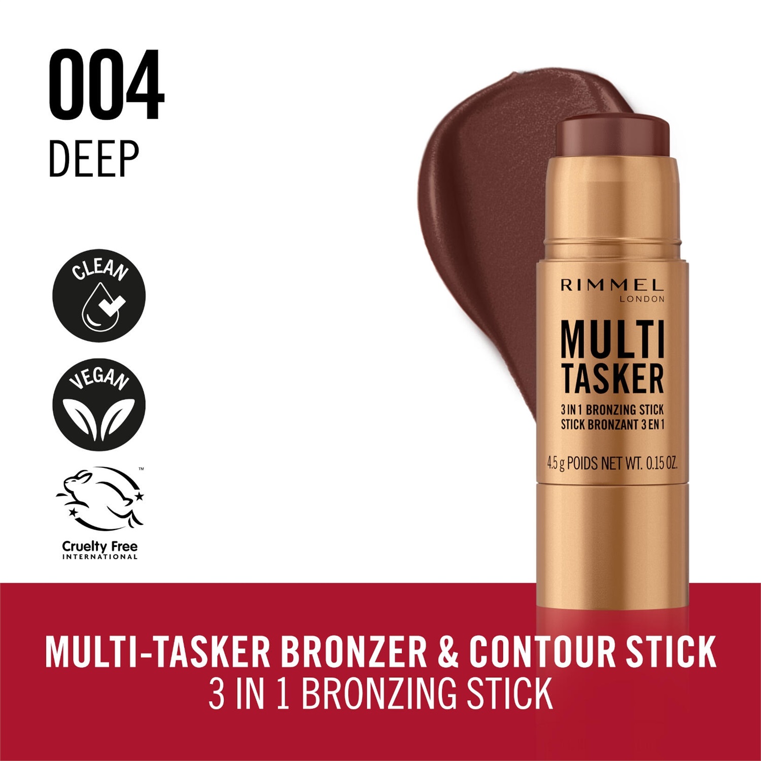 Rimmel London Bronzer in Stick Multi-Tasker 3 in 1 004 Deep - 4,5 g, Finish Delicato e Luminoso, Tenuta Tutto il Giorno