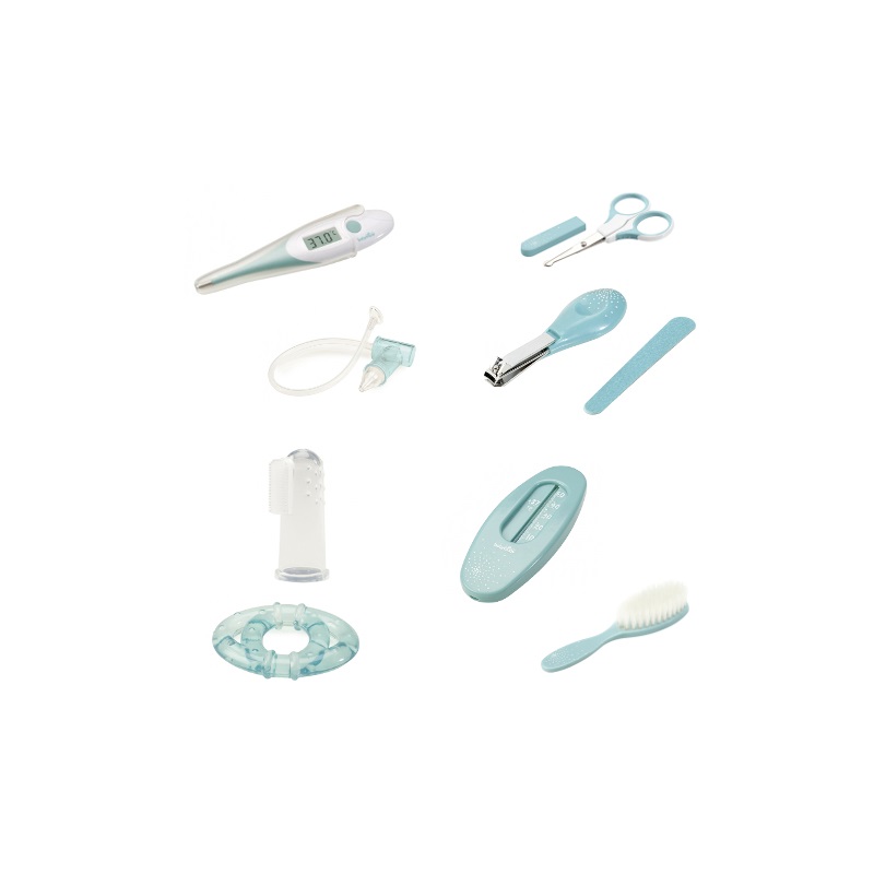 Babymoov A032002 Set per l'Igiene e Cura del Bambino, 9 Accessori Essenziali, Blu (Aqua)