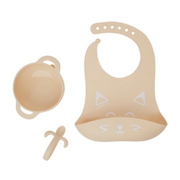 Babymoov Set Pappa FIRST'ISY 3 Pezzi per Bambini 6-12 Mesi - Ciotola con Ventosa, Cucchiaio Ergonomico e Bavaglino in Silicone - Design Volpe Beige
