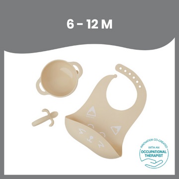 Babymoov Set Pappa FIRST'ISY 3 Pezzi per Bambini 6-12 Mesi - Ciotola con Ventosa, Cucchiaio Ergonomico e Bavaglino in Silicone - Design Volpe Beige